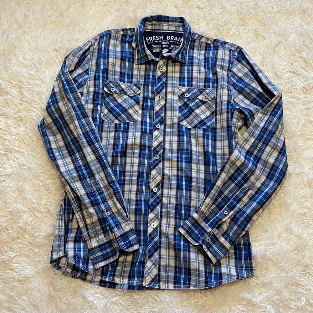 Fresh Brand men’s Blue plaid Button Down Shirt, size L